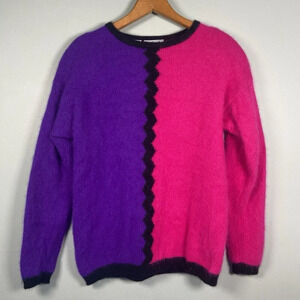 Vintage 80s Rafaella Angora Wool Colorblock Oversize Womens Sweater Size M Soft